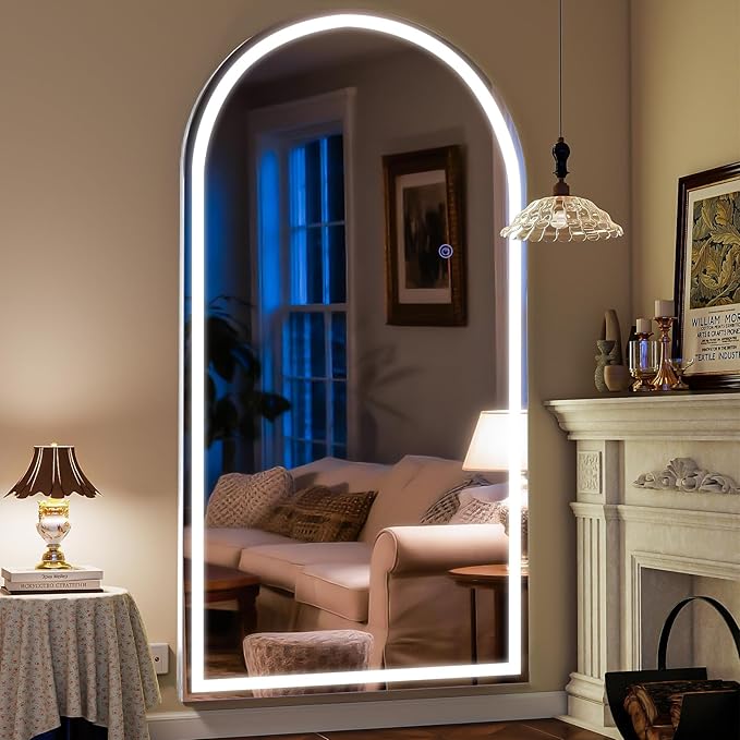 VooBang 71"x30" LED Large Mirror Full Length - Arched Floor Body Mirror with Dimmable Lights - 3 Color Modes, Standing Leaning Wall Mounted for Bedroom, Dressing Room