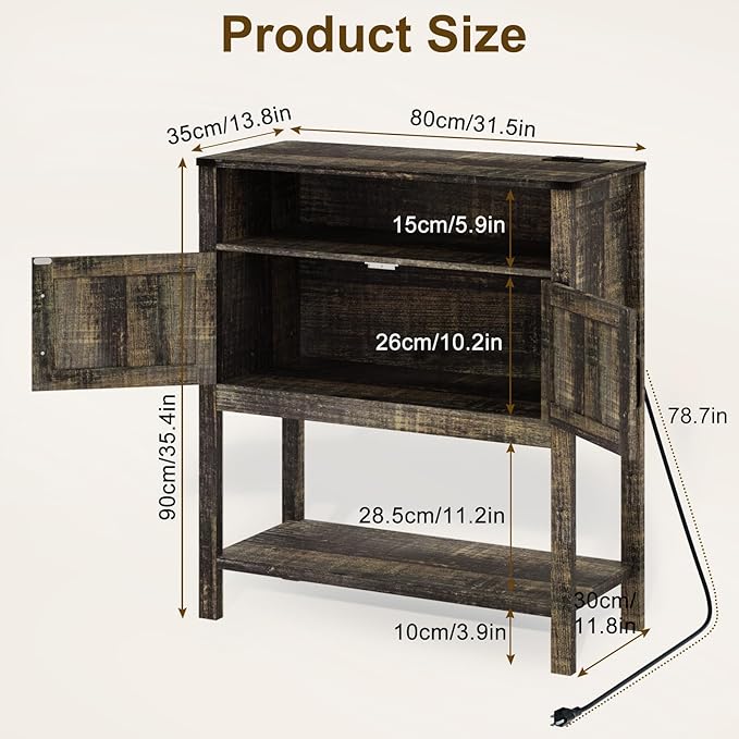 Console Table with Outlets, Farmhouse Coffee Bar Cabinet, 31.5 l x 13.8 D x 35.5 H, Entryway Table with Storage Cabinets for Living Room, Couch, Hallway, Foyer, Kitchen (Dack Grey)