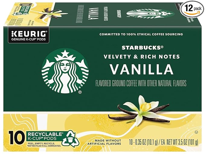 Starbucks Vanilla Flavored Coffee K-Cup Pods, Light Roast, Keurig Genuine K-Cup Pods, 120 Count (Pack of 12 Boxes)
