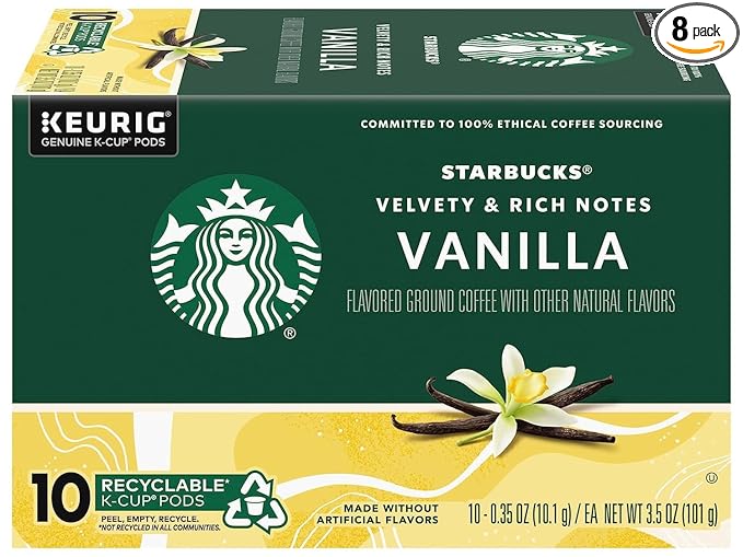 Starbucks Vanilla Flavored Coffee K-Cup Pods, Light Roast, 80 Count (Pack of 8 Boxes), Keurig Genuine K-Cup Pods
