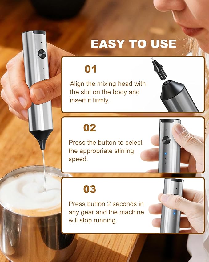 Rechargeable Milk Frother with Stand, Handheld 3-Speeds Coffee frother with 2 Whisks, Electric Frother Wand for Coffee, Latte, Cappuccino, Hot Chocolate, Matcha and Egg Mini Frother, Silver