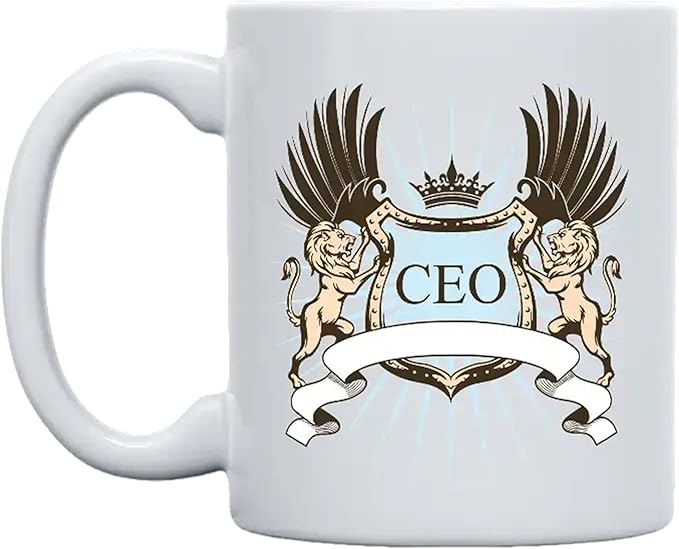 THE CEO Stylish Coffee Mug for Coffee Lovers - Premium Boss Mug with Gloss Finish - Premium Ceramic, Microwave Safe, 11oz Gift Mugs - CEO Lion Crest (White)