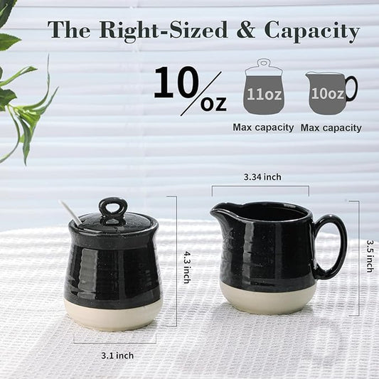 Ceramic Sugar and Creamer Container Set of 3,10 Ounce Cream Pitcher,11 Ounce Sugar Bowl with Lid and Spoon,Farmhouse Coffee Bar Accessories Set for Serving,Microwave & Dishwasher Safe,Black