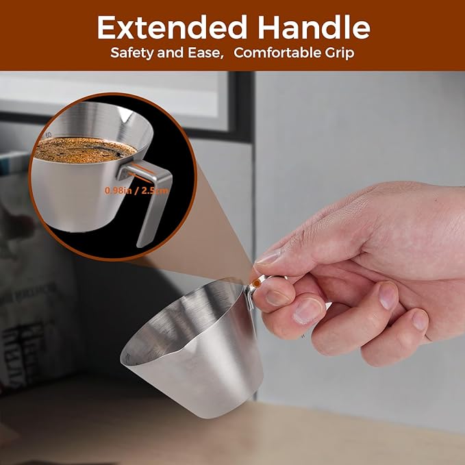 carrottimes 4Pcs Stainless Steel Espresso Cups, Double Spout Metal Espresso Measuring Cup with Handle, Dual Scale Espresso Shot Cup with V-Shaped Mouth, 3.4oz/100ml (Silver)