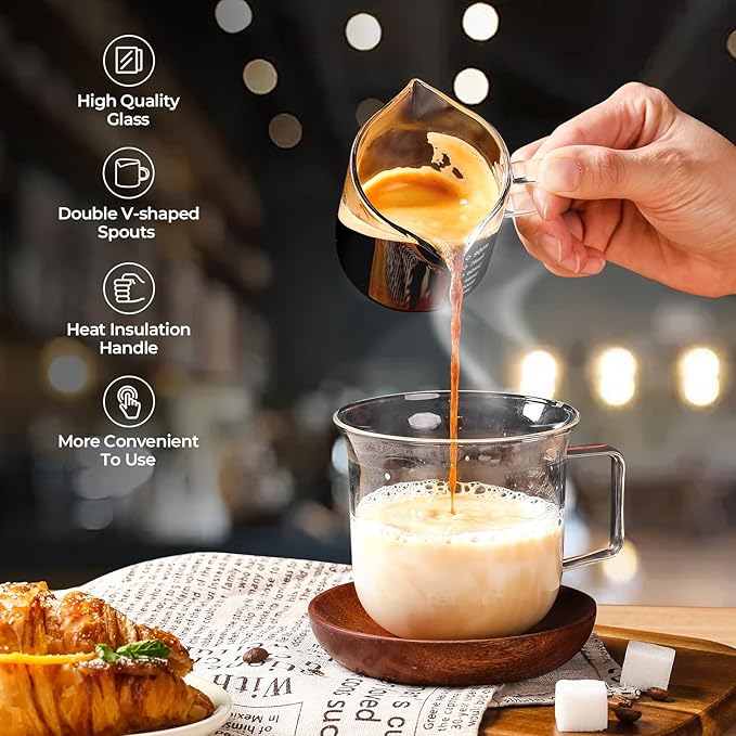 Espresso Cups Set of 2, 4 Oz Espresso Shot Glass with Handle Double Spout Measuring Cups with Scale Clear Glass Milk Cup Coffee Accessories Great for Making Coffee Desserts Salad Dressing