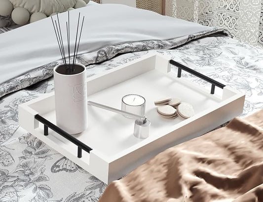 Bamboo Serving Tray with Metal Handles,15x10in Ottoman Decorative Trays Platter for Coffee Table,Living Room,Bar,Party,Mediuml(White)