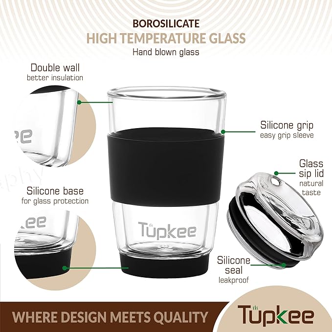 Tupkee Double Wall Glass Tumbler - 8-Ounce, All Glass Hand Blown Reusable Insulated Tea/Coffee Mug & Lid, Travel Mug - Black