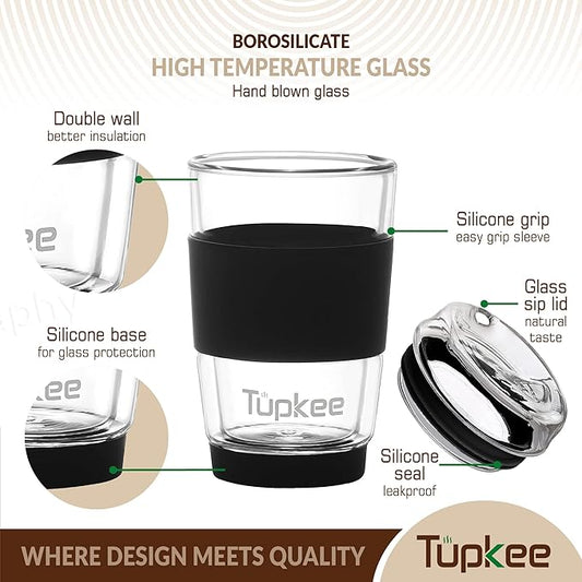 Tupkee Double Wall Glass Tumbler - 8-Ounce, All Glass Hand Blown Reusable Insulated Tea/Coffee Mug & Lid, Travel Mug - Black