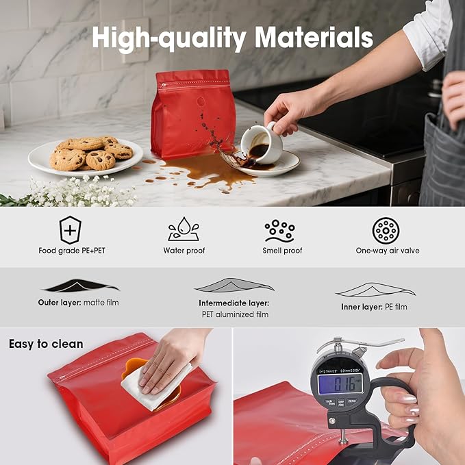 50 Count 16oz Coffee Bags with Valve,1lb Vented Coffee Beans Packaging Bags High Barrier Aluminumed Foil Flat Bottom Heat Sealed Side Zipper Resealable Storage Bag for Home or Business(Red）