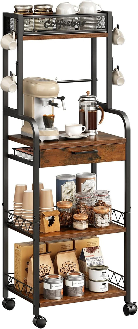 HavenlyYouth Coffee Bar Organizer Station- 5 Tier Coffee Stand Station with Wheels and Storage, Pod Drawers and 4 Hooks for k Cup Organizer, Tea Bar, Living Room, Kitchen,Office