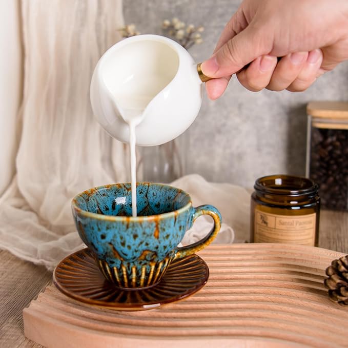 YINUOWEI 2 oz Espresso Cups Set of 2, Ceramic Cappuccino Cups with Saucers, Durable Porcelain Tea Set & Modern Coffee Cup Collection, Coffee Lover Gifts, Glazed Blue