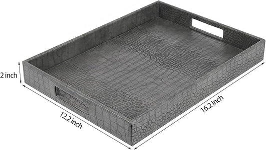 HofferRuffer Rectangle Serving Tray with Hole Handles for Coffee Table, Breakfast, Tea, Food, Butler - Countertop, Kitchen, Vanity Serve Tray, 16.2 x 12.2 x 2 inches, Faux Leather Tray (Dark Grey)