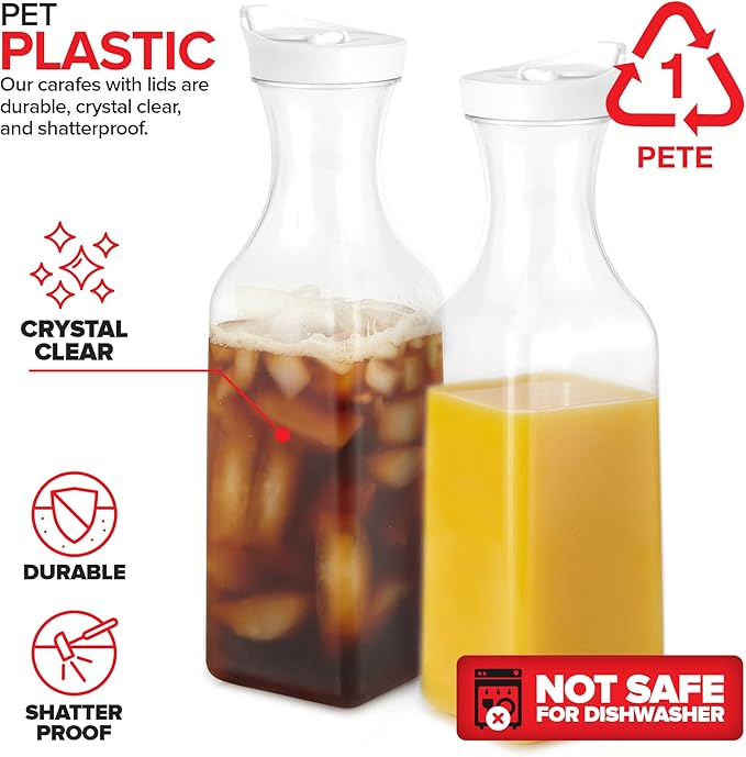 Plastic Juice Carafe with Lids (Set of 2) 50 oz Carafes for Mimosa Bar, Drink Pitcher with Lid, Water Bottle, Milk Container, Clear Beverage Containers for Fridge, Pantry Storage, Square Pitchers