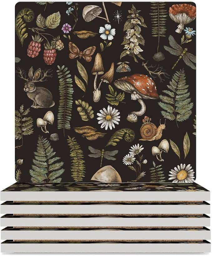 Square-6PCS Botanical Ceramic Coasters, Square Absorbent Drink Coasters, Vintage Plant Botanical Cartoon Mushroom Flower Ceramic Table Coasters for Coffee, Beverage, Wine, Beer Coasters