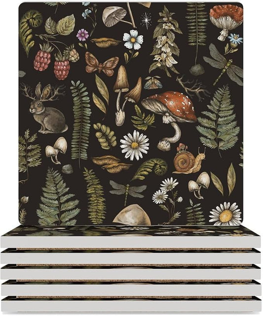 Square-6PCS Botanical Ceramic Coasters, Square Absorbent Drink Coasters, Vintage Plant Botanical Cartoon Mushroom Flower Ceramic Table Coasters for Coffee, Beverage, Wine, Beer Coasters