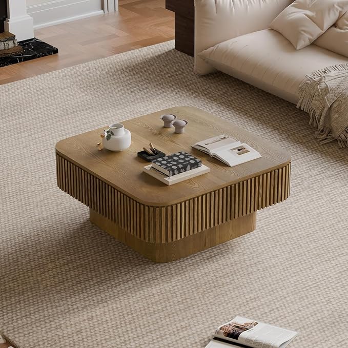 SZTHHDF Square Coffee Table for Living Room,Fluted Drum Accent Tea Center Table with Storage,Solid Wood Modern Coffee Tables for Small Space Office Apartment (31.5" L×31.5''W×14''H-Brown)