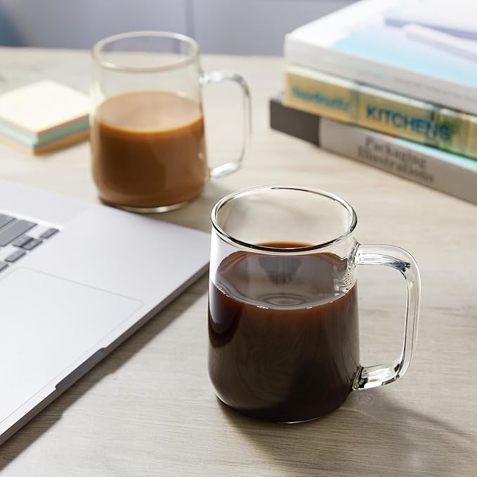 Glass Coffee Mugs, 16 oz Glass Coffee Cups Set of 4, Clear Borosilicate Glass Mugs with Handles for Cappuccino, Tea, Latte, Hot/Cold Beverages, Wine, Americano