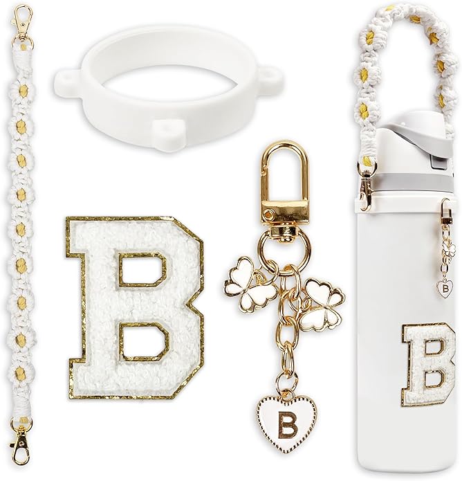 Compatible with Owala Water Bottle Accessories, Cute Letter Charm Set with Boho Handle Strap, Monogram Sticker, Silicone Ring, Keychain Decoration, for FreeSip 24 32 40oz, Owala Kids, Tumbler Gift