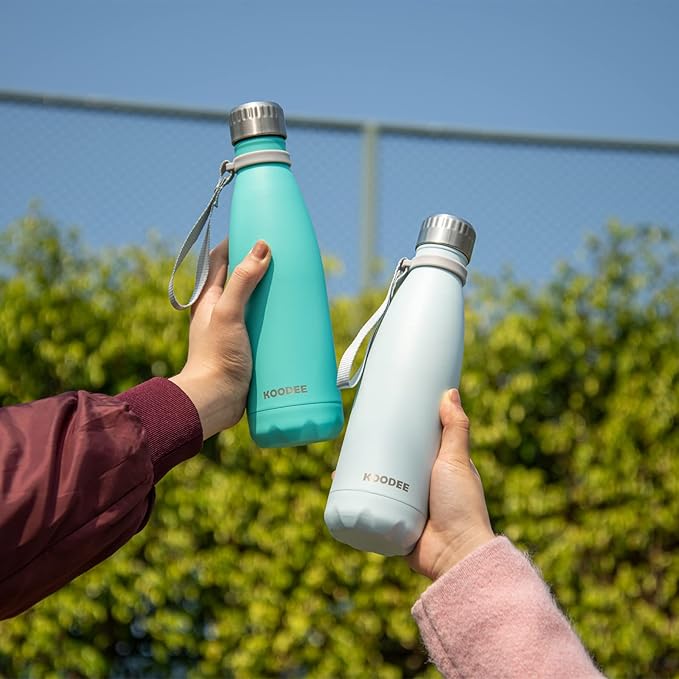 koodee Insulated Water Bottle 2 Pack Stainless Steel Double Wall Vacuum Water Bottle, 17 oz Cola Shape Leakproof Travel Thermal Flask(2 Pack White)