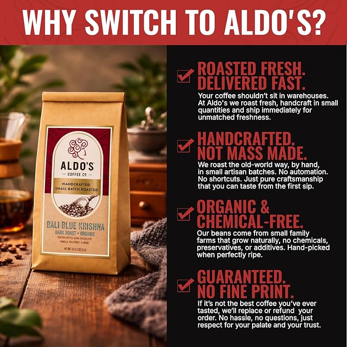 Aldo’s Organic Bali Blue Coffee Beans – Handcrafted Single-Origin Indonesian Coffee, Small-Batch Artisan Roasted, Bold Smooth Low-Acidity Coffee (1 lb) (Fine Ground)