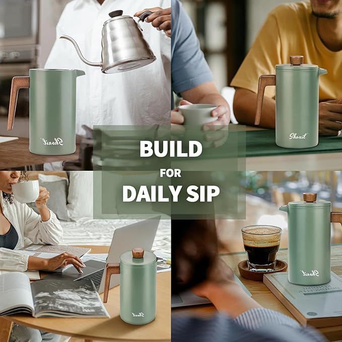 French Press Coffee Maker, 34oz Stainless Steel Green Coffee Press Real Wood Handle, Double Wall Insulated French Coffee Press with Dual-Filter Screen, Perfect for Camping & Kitchen Use