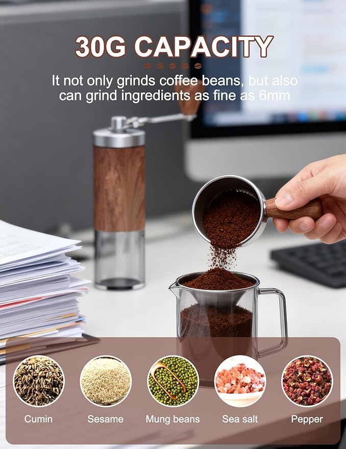 Manual Coffee Grinder with 5 Adjustable Settings Portable Conical Burr Mill with 30g Capacity for Espresso French Press Pour Over Travel & Home Use Elegant Wood Grain Finish