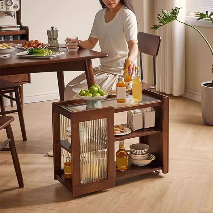 Side Table Glass Top Movable End Table Coffee Station Table, MDF Coffee Bar Stand Cart with Storage Coffee Table on Wheels,for Home Kitchen, Entryway, Living Room,Dining Room