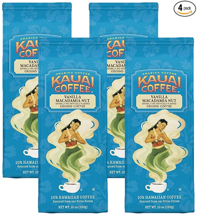 Kauai Coffee Ground Coffee – Smooth, Rich, Medium Roast – Slightly Sweet Nutty Flavor | Arabica, 10% Hawaiian with No Bitterness | Vanilla Macadamia Nut (Pack of 4)