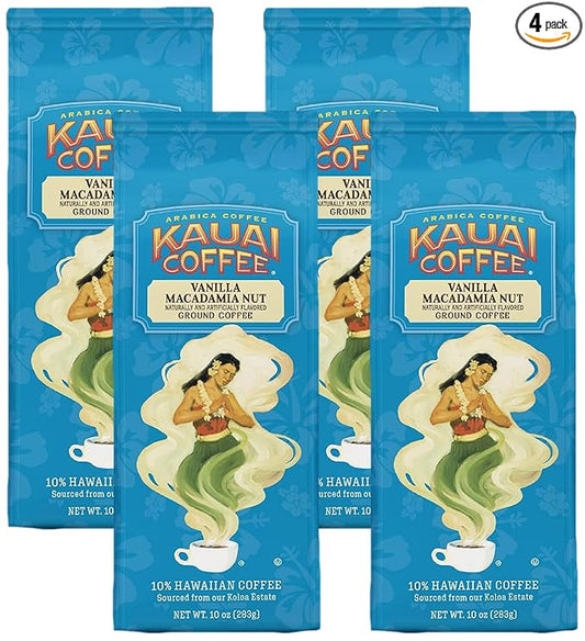 Kauai Coffee Ground Coffee – Smooth, Rich, Medium Roast – Slightly Sweet Nutty Flavor | Arabica, 10% Hawaiian with No Bitterness | Vanilla Macadamia Nut (Pack of 4)