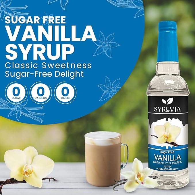 Syruvia Sugar Free Coffee Syrup, Vanilla Flavored Syrup for Drinks, Lattes, and Desserts – 25.4 fl oz, With Pump