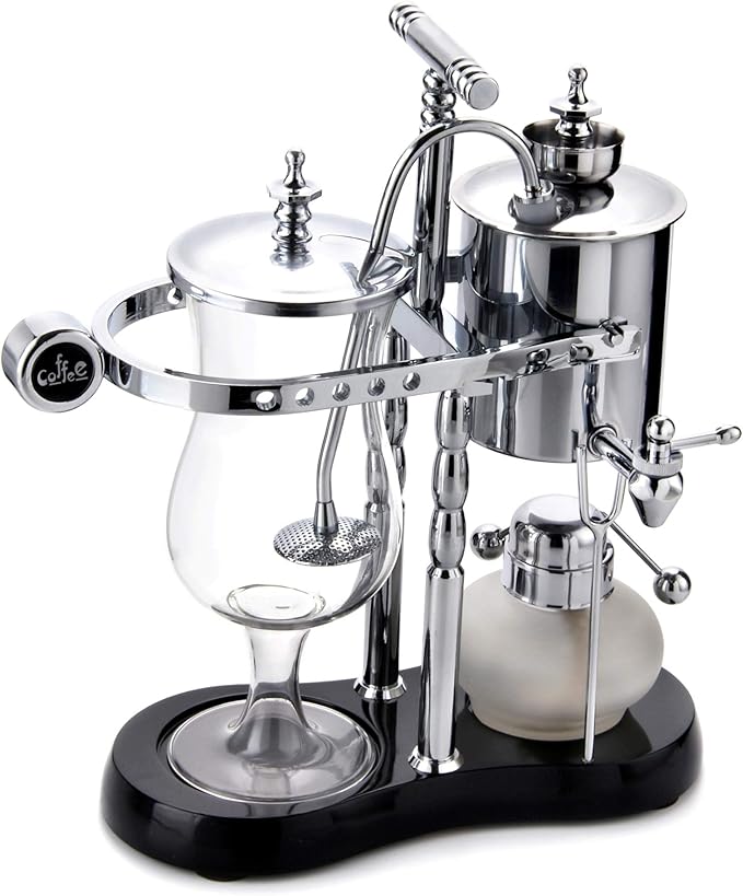 Diguo Belgian/Belgium Luxury Royal Family Balance Siphon/Syphon Coffee Maker. Elegant Double Ridged Fulcrum with Tee handle (Classic Silver)