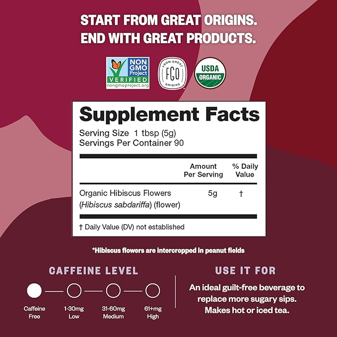 FGO Organic Hibiscus Flowers, Cut and Sifted, Loose Tea, 8oz Resealable Bag, Packaging May Vary (Pack of 1)