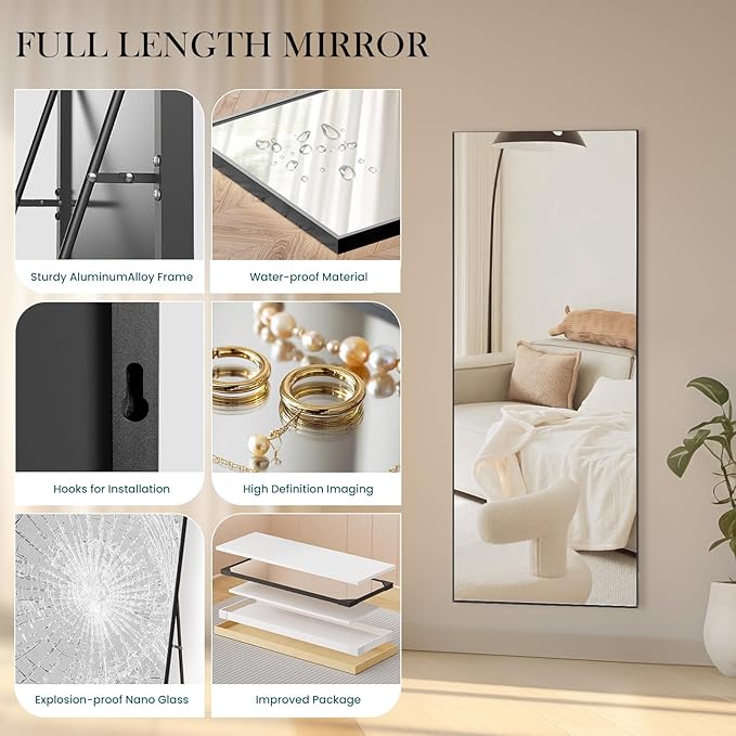 NEWBULIG Full Length Mirror, Upgraded Body Wall Mirrors with Shatter-Proof Glass, Floor Standing Mirror, Home Wall Decor