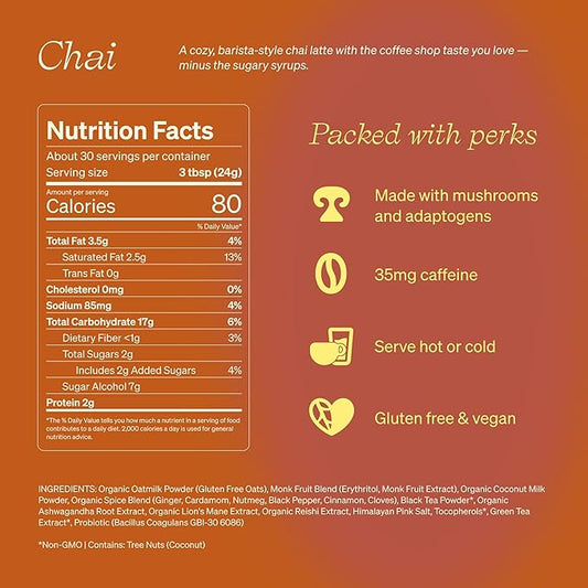 Clevr Chai Tea Latte, Instant Superfood Powder Blend with Oat Milk, Lions Mane, Reishi Mushroom, Black Tea, Organic Spices, Coconut Cream, Ashwagandha, Oprah’s Favorite Things 2022, (30 Lattes)