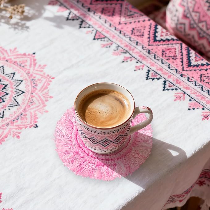 Whaline 4Pcs Boho Macrame Coasters Handmade Woven Drink Coasters Red Pink Farmhouse Cup Mat Pad for Home Kitchen Office Valentine's Day Party Table Decor