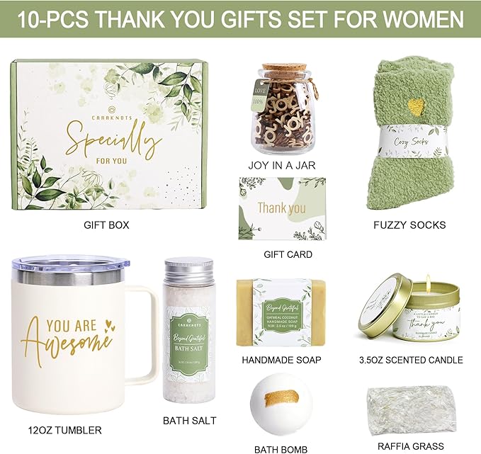 CARAKNOTS Thank You Gifts for Women, Appreciation Gifts for Teacher Employee Sage Green Gift Basket with 12oz Mug with Handle, Relief Joy Jar Spa Set Box for Coworker Female Friends Christmas Birthday