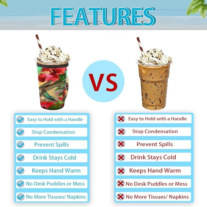 Reusable Iced Coffee Sleeve with Handle, Bird Hummingbird Neoprene Cup Sleeve Spring Flower Insulator Cup Holder for Cold Drinks Beverages 16oz - 18oz