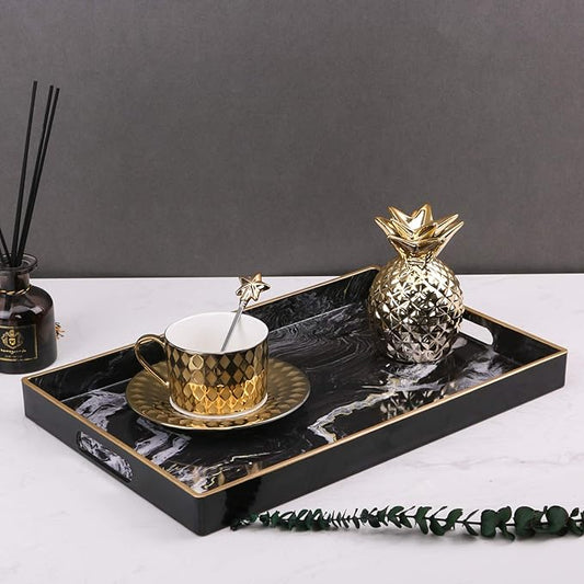 Zosenley Decorative Tray, Marbling Plastic Tray with Handles, Rectangular Vanity Tray and Serving Tray for Bathroom, Kitchen, Ottoman and Coffee Table, 15.6” x 10.2”, Black