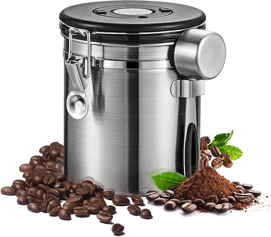 Airtight Coffee Container with Date Tracker & Spoon - Kitchen Storage Jar for Coffee Grounds, Cereal, Beans, Sugar (Silver, 16OZ)
