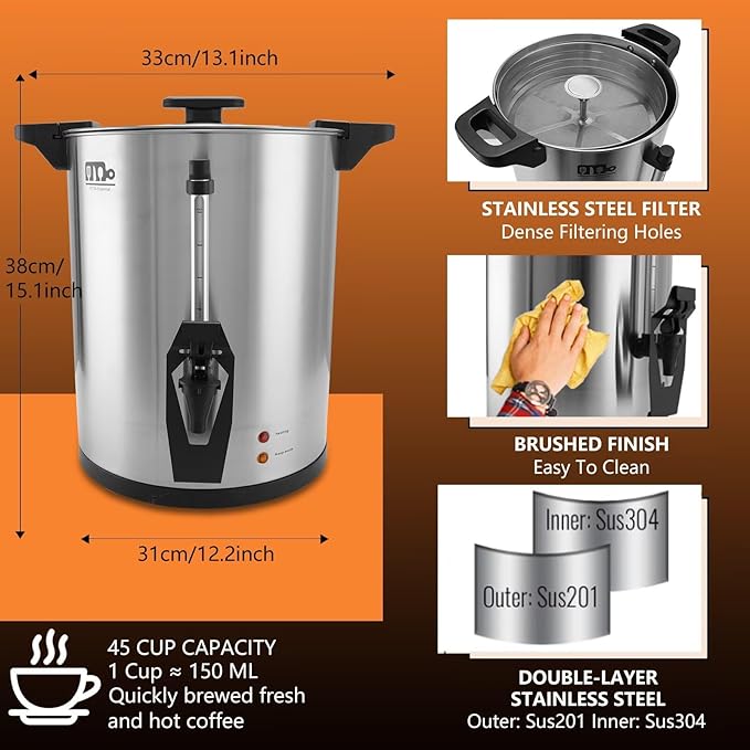 45 Cup 8L/2.11Gallon Commercial Coffee Urn, Festa Essential 950W Large Percolate Coffee Maker, Hot Beverage dispenser With Double Dripless Faucet,Quick-Brewing Hot Water Urn for Catering,Home,Events