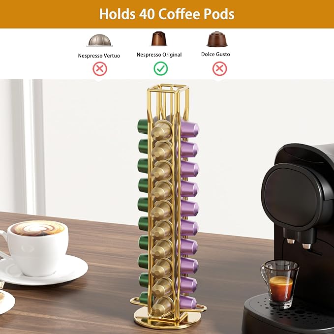 SEVENLINE Coffee Pod Holder Stand Compatible With Nespresso Original Pods Carousel Storage Rack Capsules Organizer For 40 Capsules (Gold)
