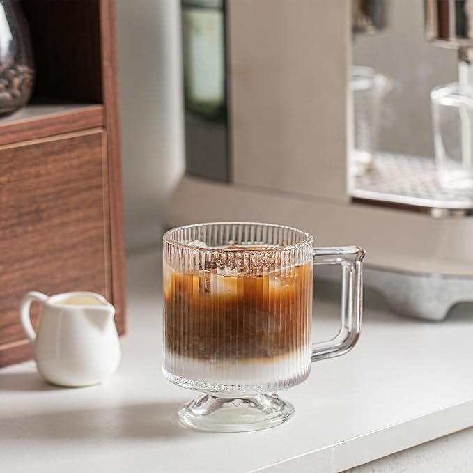 INSETLAN 6-Piece Ribbed Glass Coffee Mug Set, 10 oz Clear Glass Tea Cups with Handle, Modern Vertical Stripe Design for Everyday Drinks – Perfect for Coffee, Tea, Latte, Cappuccino, and More