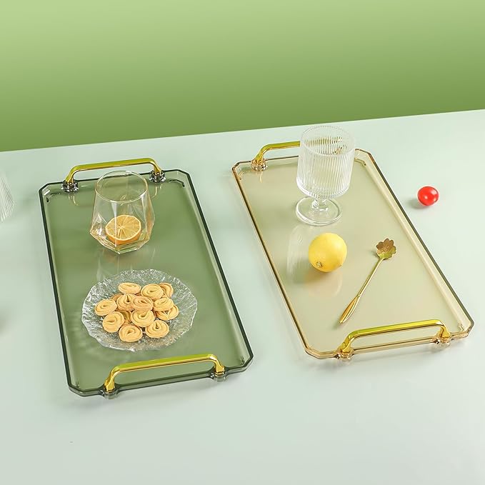 Acrylic Serving Tray with Handles - Multi-Use Plastic Tray for Party, Kitchen & Bathroom - Decorative Valet Tray for Ottoman, Dessert & Coffee Table (Amber)