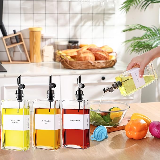 4 Pcs Olive Oil Dispenser for Kitchen, Glass Olive Bottles Oil Seasoning Bottle Set Coffee Syrup Soy Sauce Dispenser(Black,500 ml)