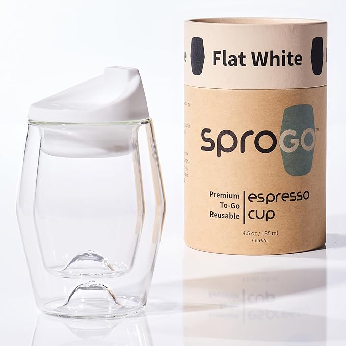 To-Go Espresso Glass Travel Mug with Lid, Reusable Double Wall Glass Tumbler, Fits Most Coffee Makers & Cupholders for Your Car, Gifts for Coffee Lovers, 4.5 oz Cortado Cup, Flat White