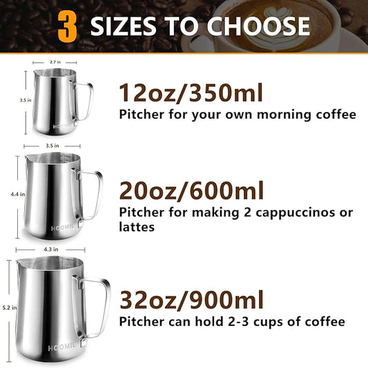 HOOMIL Milk Frothing Pitcher, 12oz/20oz/32oz Stainless Steel Steaming Pitcher Barista Milk Frother Cup Jug for Espresso Machine Coffee Cappuccino Latte Art - 12oz