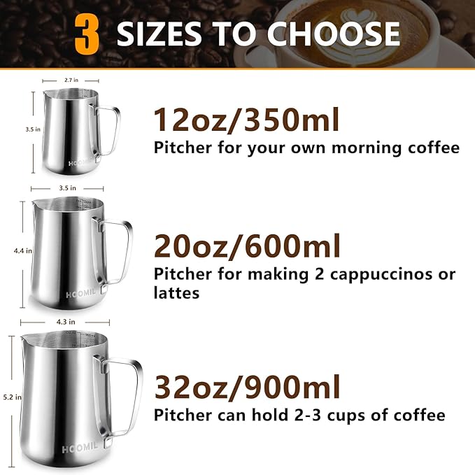 HOOMIL Milk Frothing Pitcher, 12oz/20oz/32oz Stainless Steel Steaming Pitcher Barista Milk Frother Cup Jug for Espresso Machine Coffee Cappuccino Latte Art - 20oz