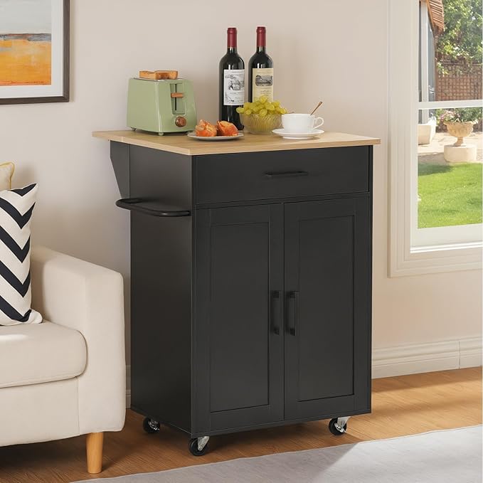 Kitchen Island on Wheels with Drop Leaf, Folding Countertop Kitchen Island Cart, Kitchen Islands Table with Towel Rack, Drawer, for Kitchen, Dining Room, Black and Natural KINB12501
