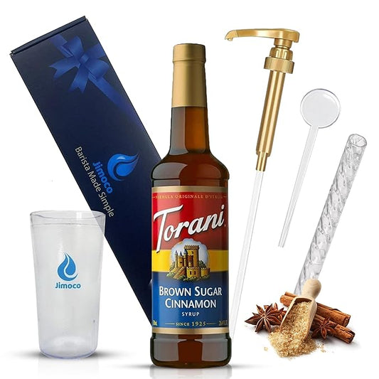 Jimoco Barista Set – Torani Brown Sugar Cinnamon Syrup 25.4 oz, Jimoco Pump, Reusable Cup, Straw & Stirrer – Coffee, Italian Soda & Cocktail Flavoring Kit