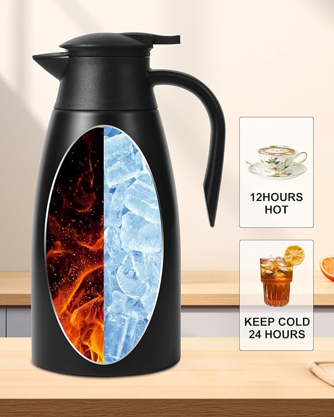70Oz Thermal Coffee Carafe for keeping hot, Airpot Insulated Carafe Stainless Steel Thermal Pot for Coffee, (black+black)